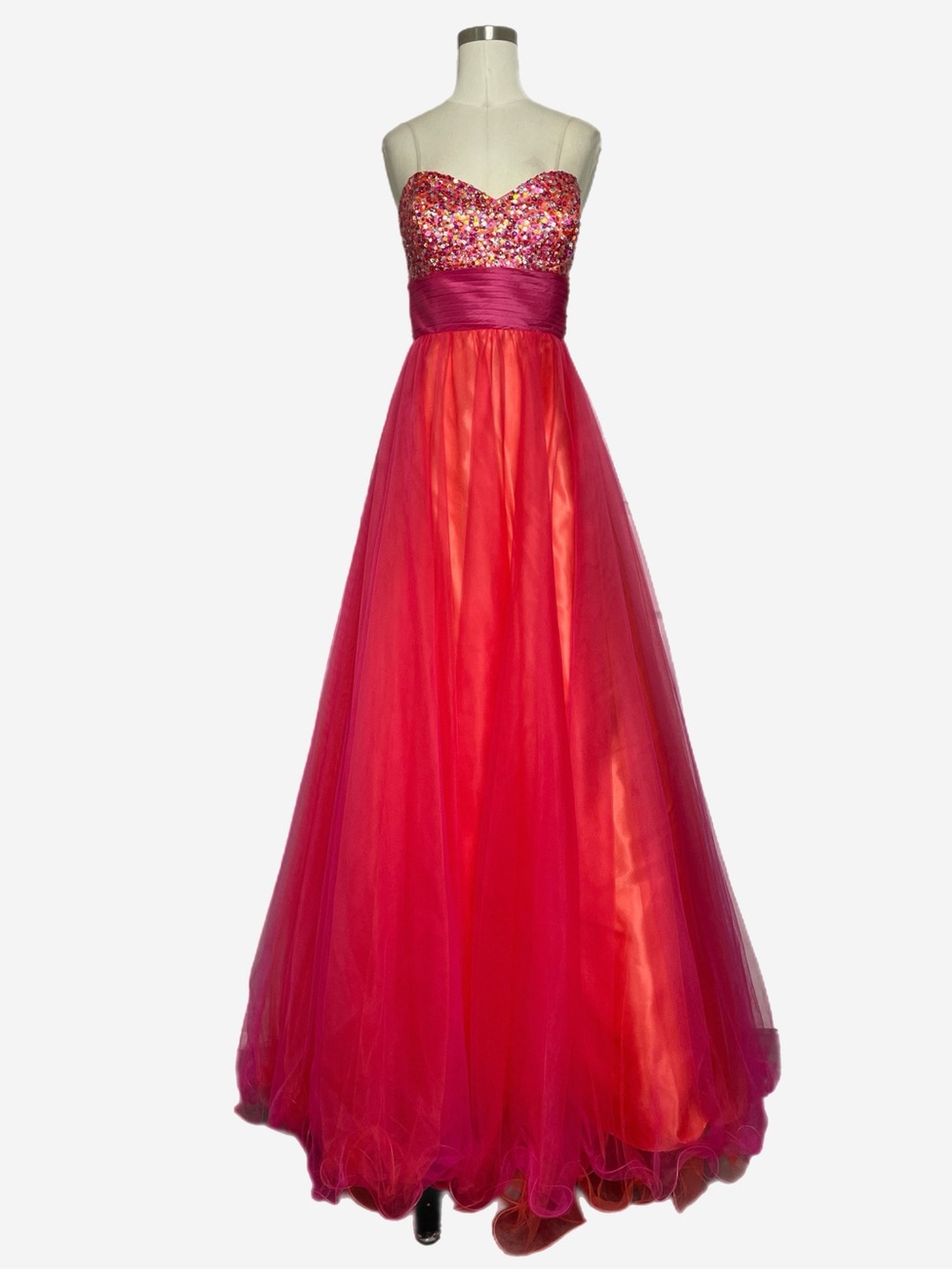 Sean Collection orange pink ombre tulle sequin strapless ball gown fairy prom L